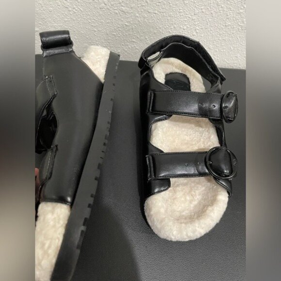 Zara Faux Leather Sherpa Buckle Sandals Chic Cozy Neutral Chunky Black White - Picture 7 of 12